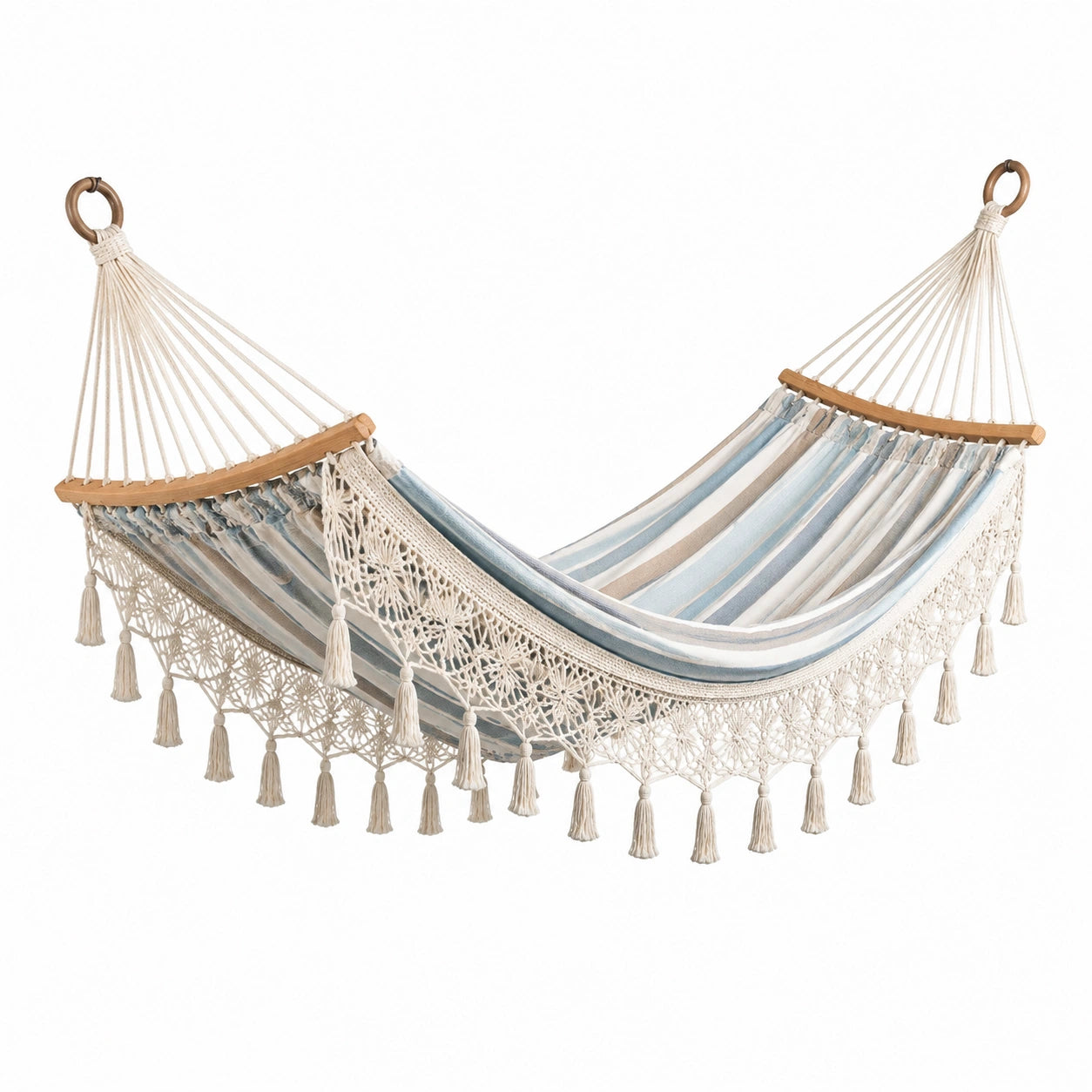 Amaca in Cotone a Righe con Frange in Beige e Azzurro