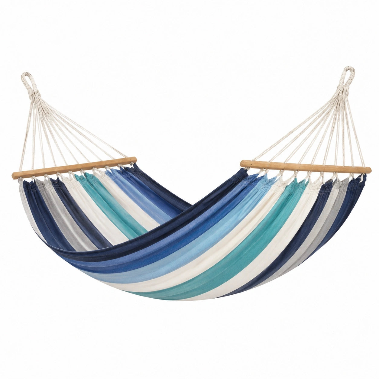 Amaca in cotone a strisce blu, azzurro e bianco con aste in legno