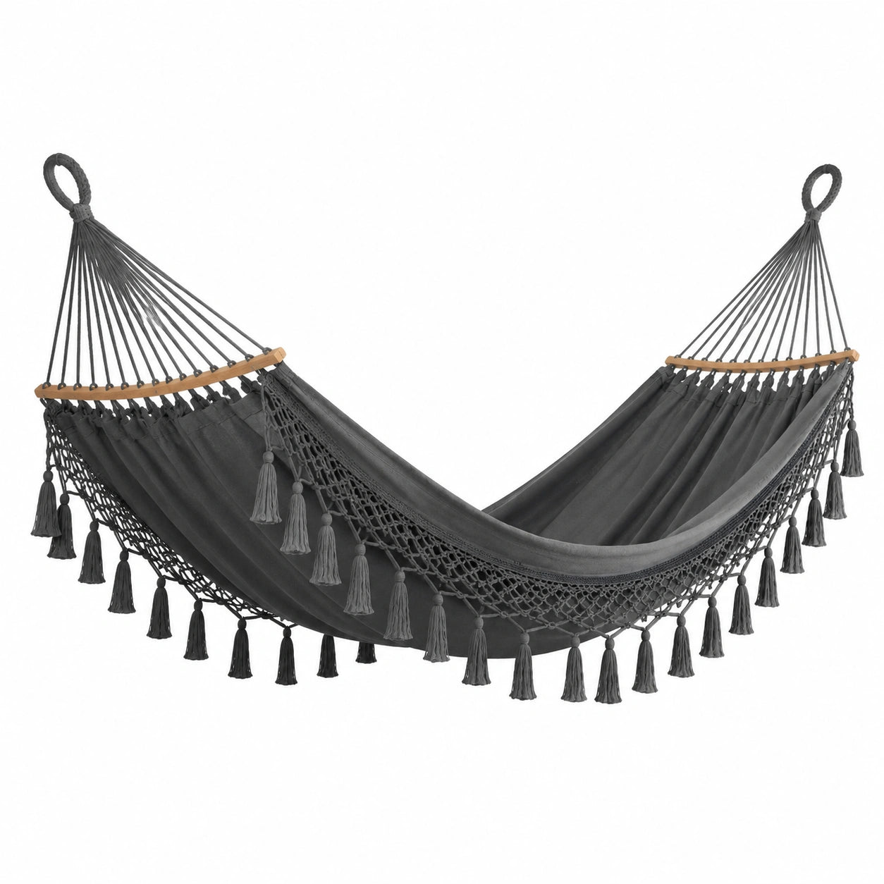 Amaca in Cotone Grigio Scuro con Nappe e Barre in Legno