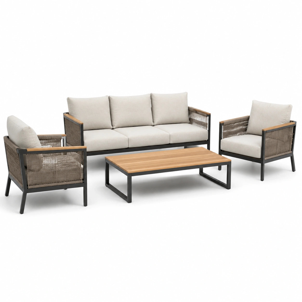 Set divano da giardino in metallo e vimini con cuscini beige