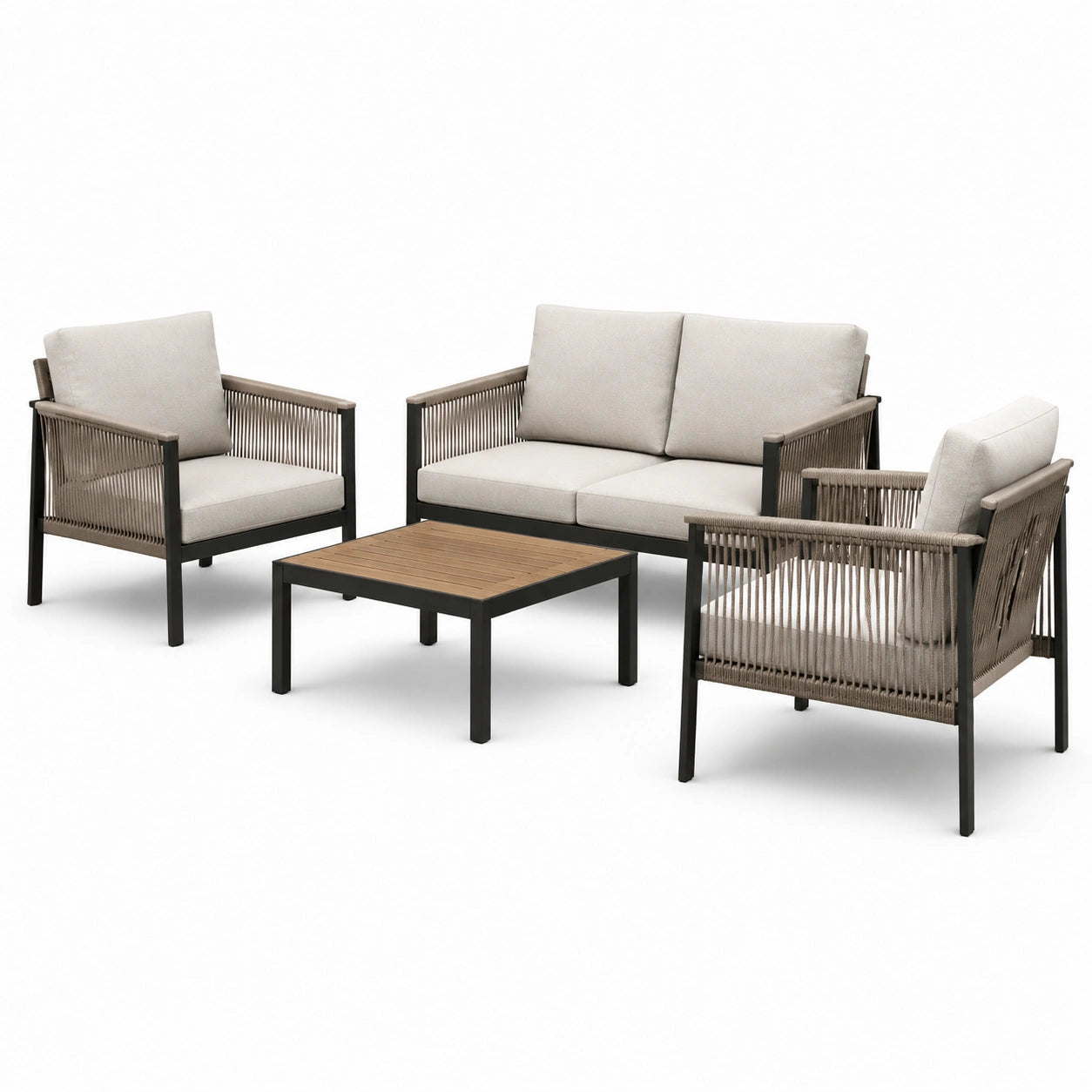 Set da giardino in alluminio e corda con cuscini in poliestere beige