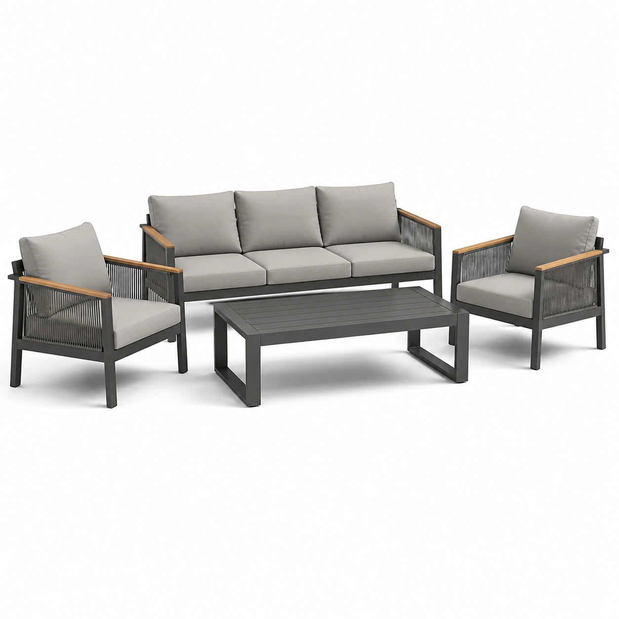 Set salotto da giardino in alluminio con cuscini grigi
