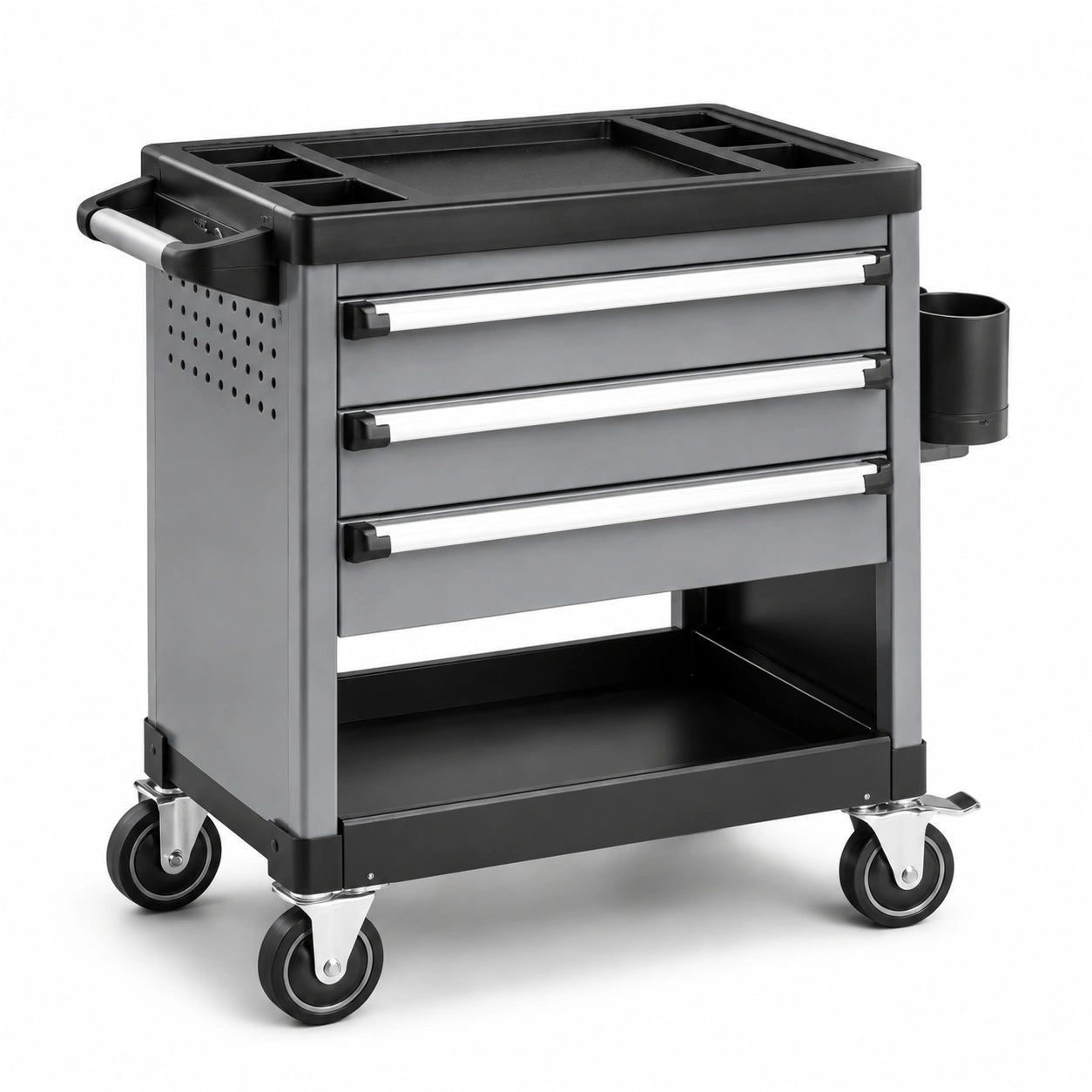 Carrello portautensili in metallo nero con cassetti e rotelle