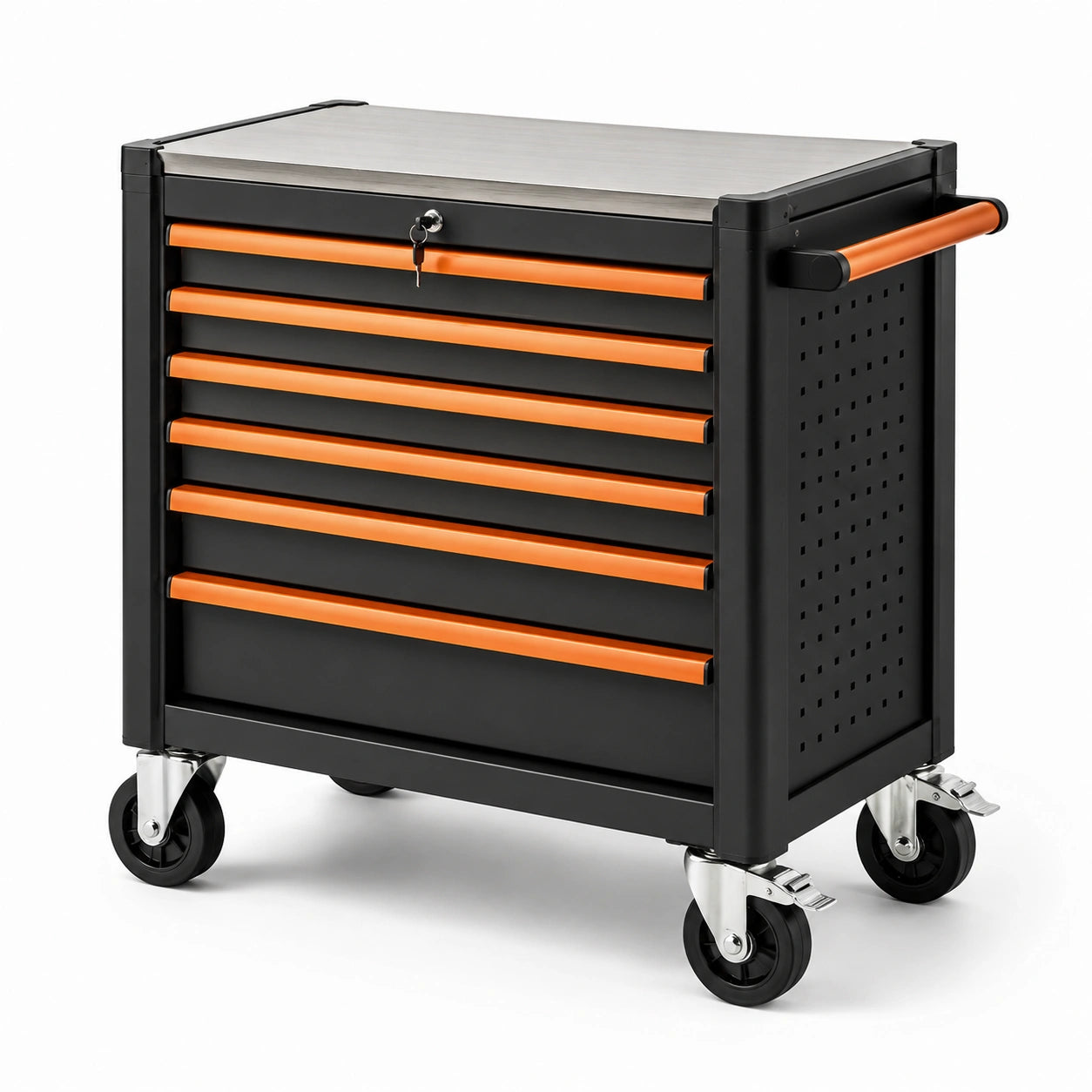 Carrello portautensili in metallo nero/arancione con 7 cassetti e ruote