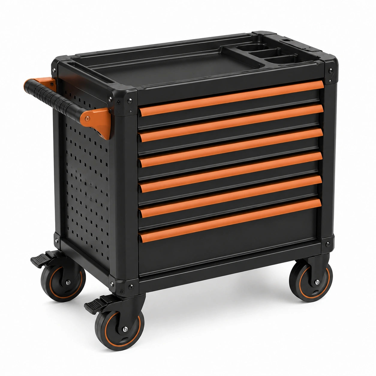 Carrello portautensili in metallo nero e arancione con 7 cassetti