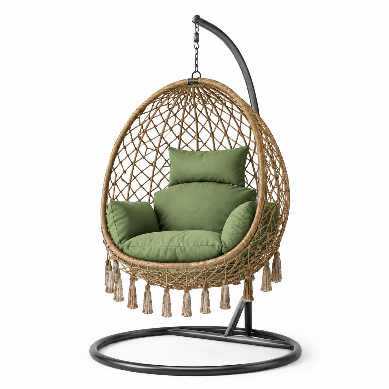 Sedia sospesa in rattan e acciaio con cuscini verdi