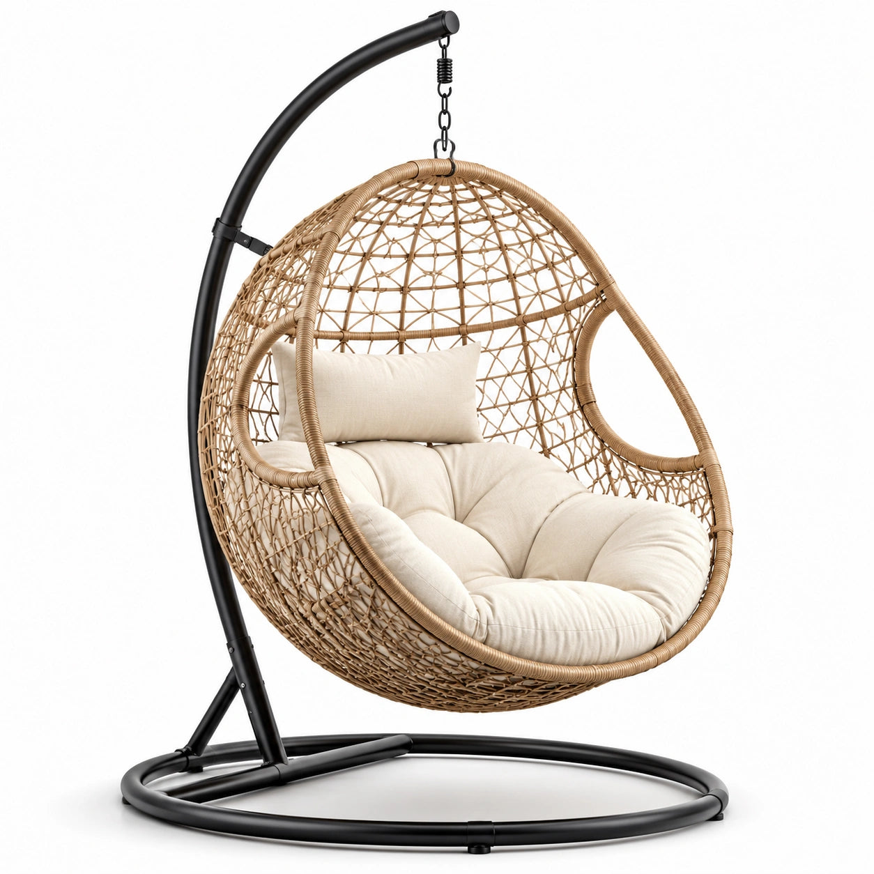 Sedia sospesa in rattan e acciaio con cuscino in poliestere color sabbia