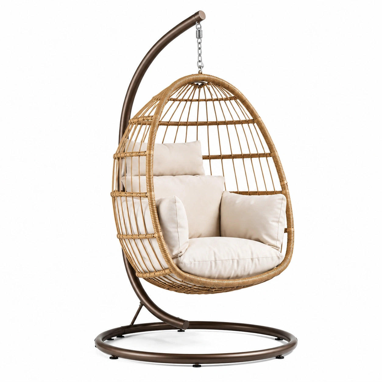 Sedia sospesa in rattan sintetico con cuscini beige, supporto in acciaio
