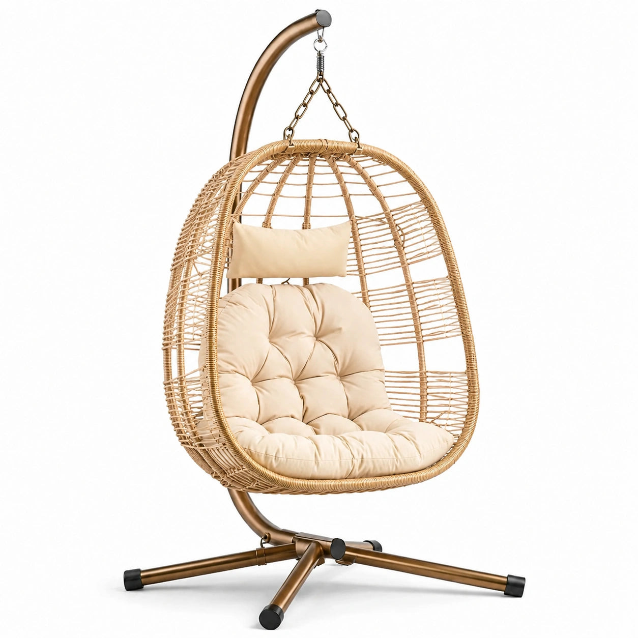 Sedia Sospesa in Rattan Sintetico Beige con Supporto in Acciaio Bronzo
