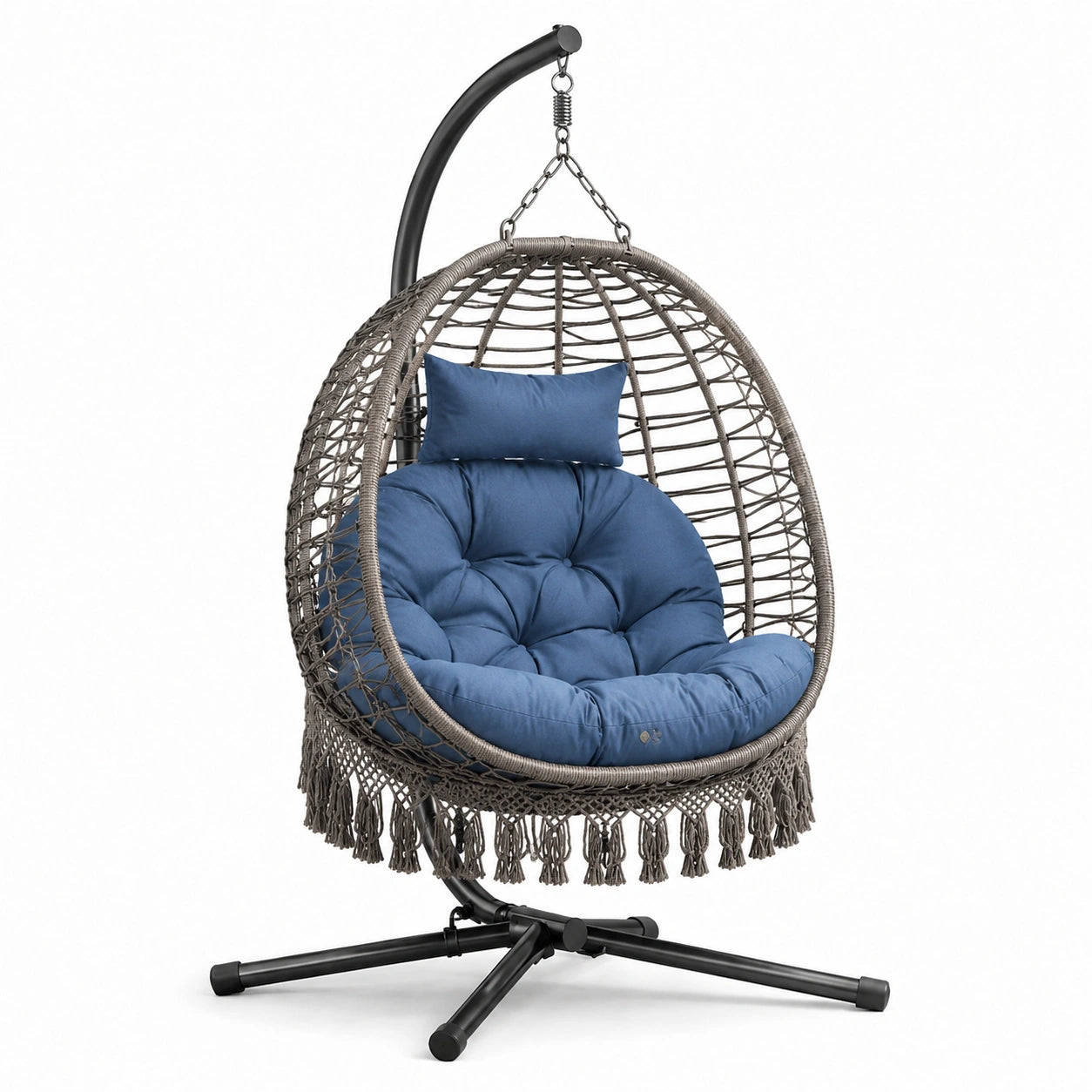 Sedia a dondolo sospesa in metallo e rattan sintetico con cuscino blu