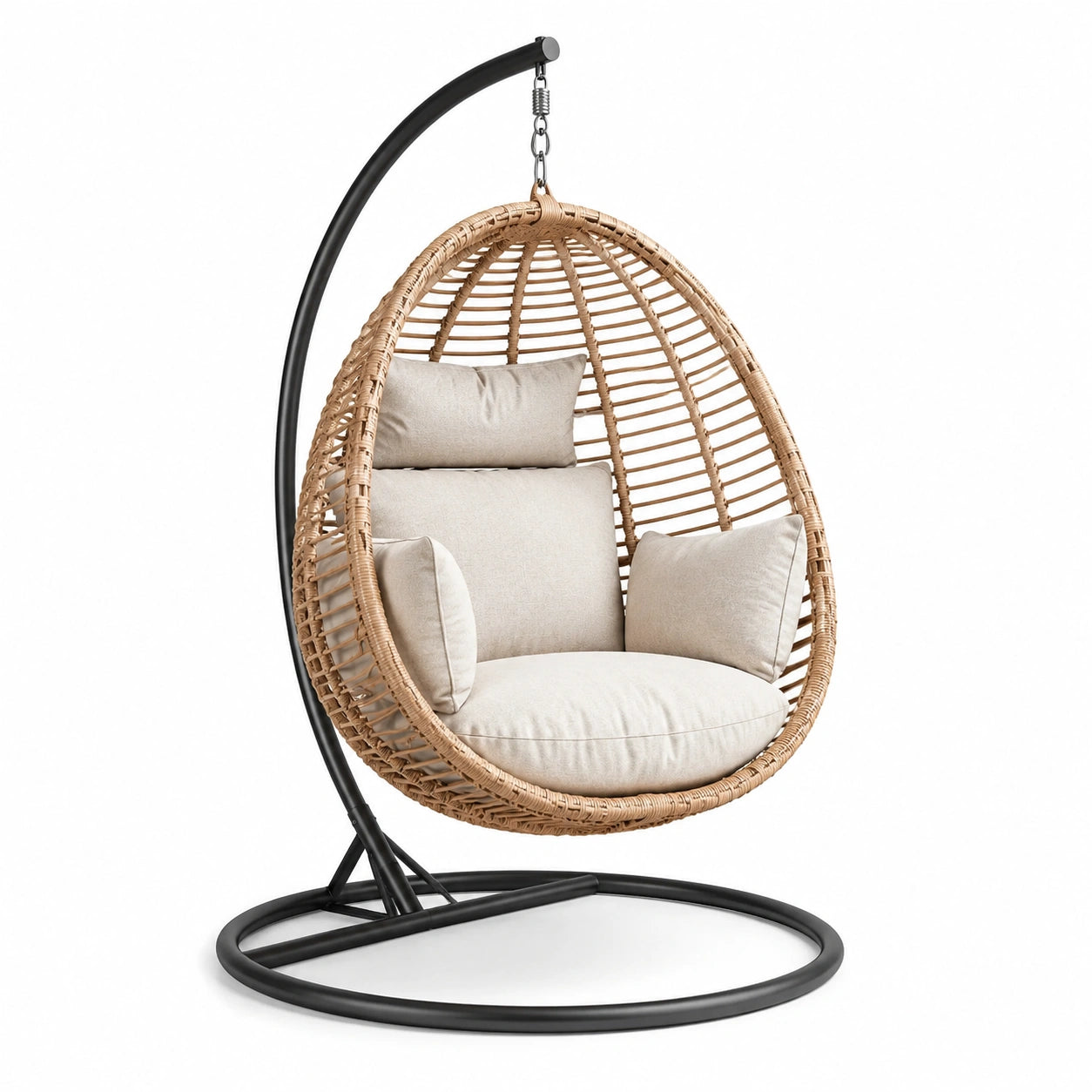 Sedia sospesa in rattan sintetico con supporto in acciaio e cuscini color crema