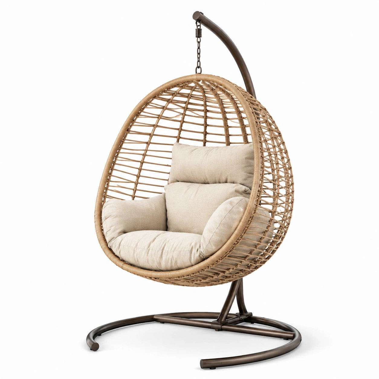 Sedia da giardino sospesa in rattan e metallo con cuscini beige