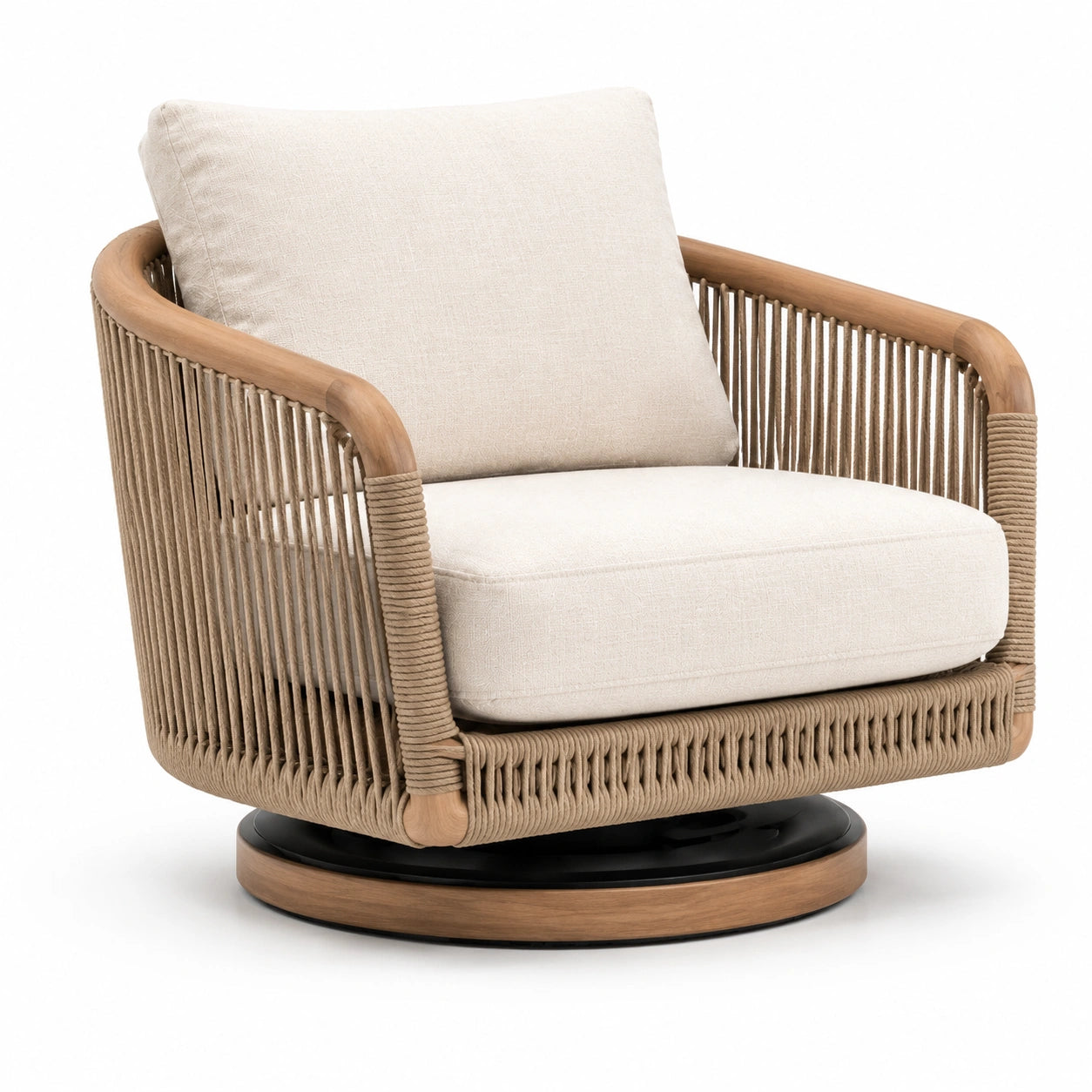 Poltrona girevole in teak e corda con cuscini in lino