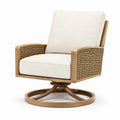 Sedia girevole in legno e rattan con cuscini in poliestere beige