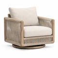 Poltrona girevole in legno e corda con cuscini in tessuto beige