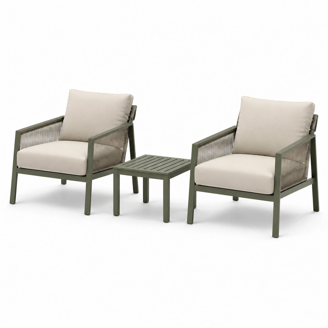 Set giardino in metallo verde con cuscini beige