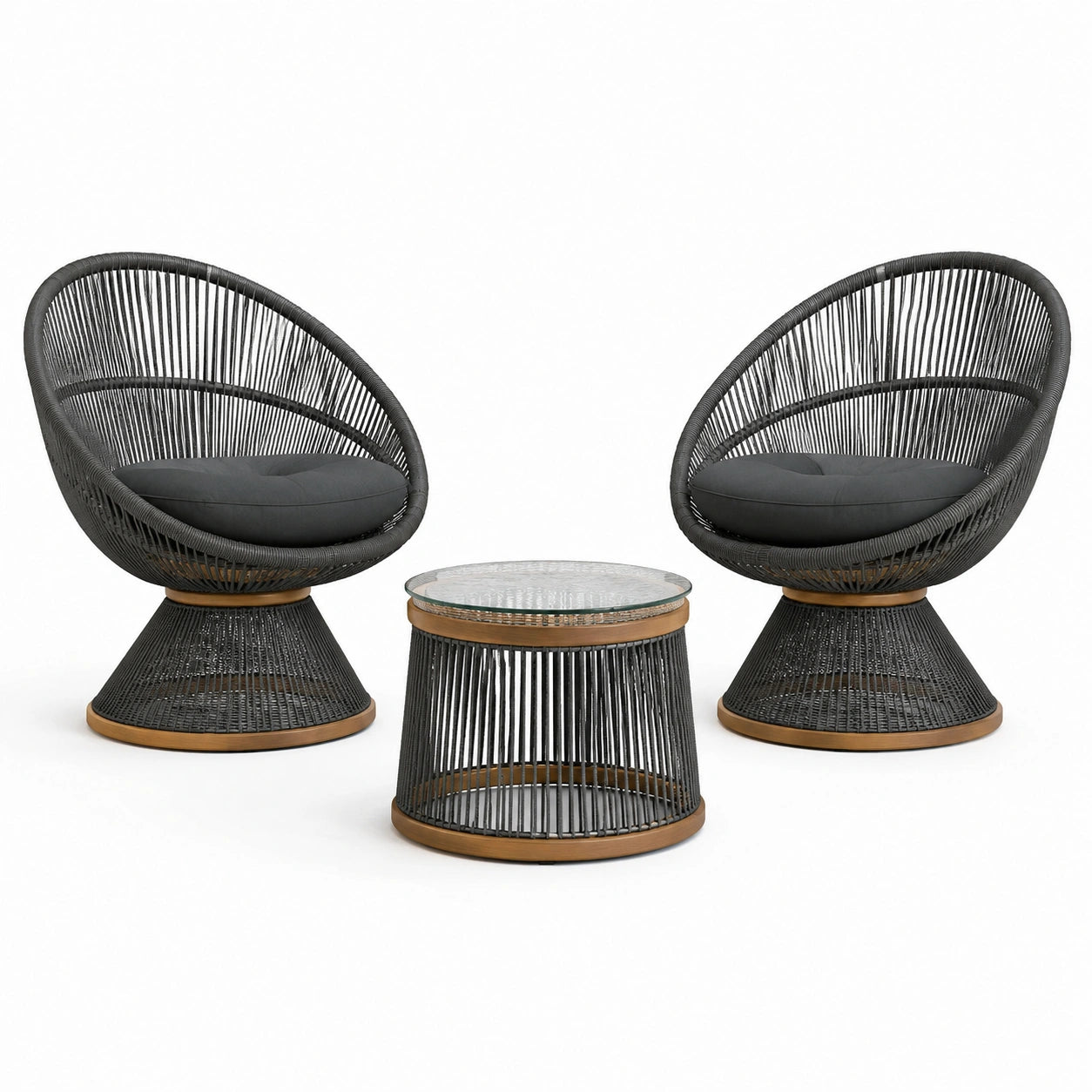 Set giardino nero con poltrone in metallo e tavolino in vetro