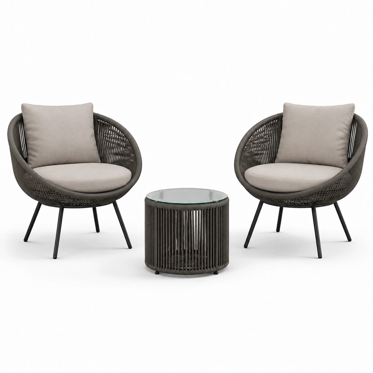 Set da giardino in corda con tavolino in vetro temperato Ø50cm